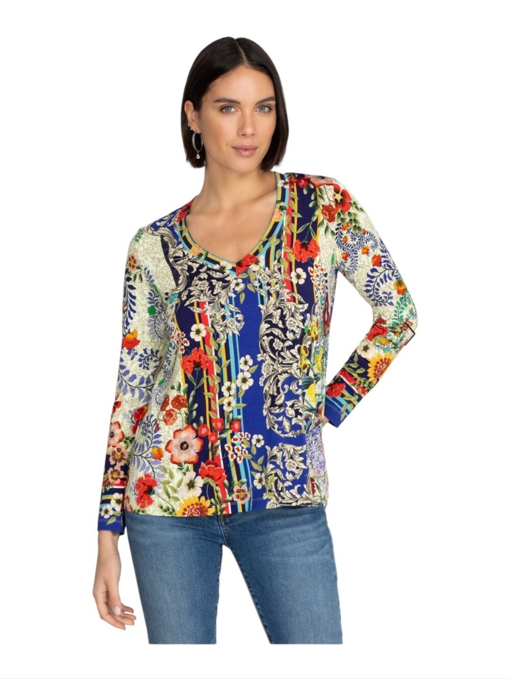 Johnny Was The Janie Favorite Long Sleeve V‑Neck Swing Tee Wild Flower XS NEW